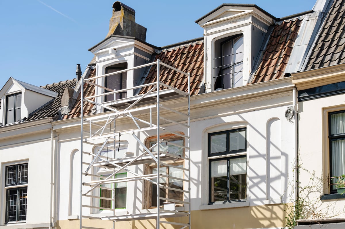 Scaffolding against a commercial building during maintenance